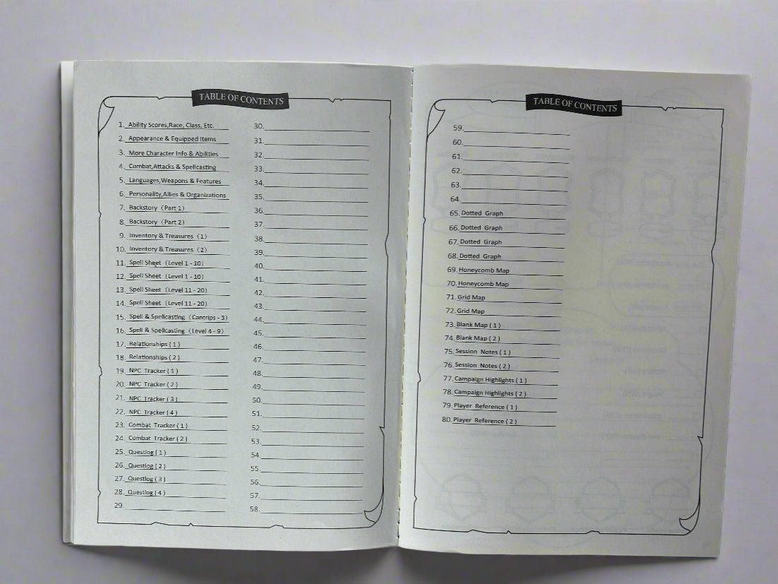 A5 DND Campaign Journal - Inside Table of Contents - Character Sheet, trackers, notebook - The Wyverns Workshop