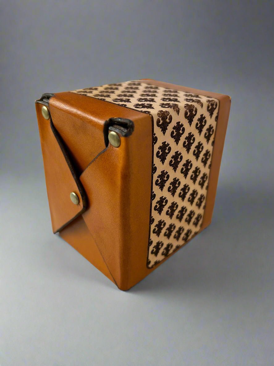 MTG Leather Deck Box - Fleur de Lis Design - Side Detail - The Wyverns Workshop