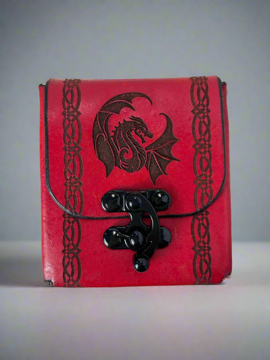 MTG Leather Deck Box - Dragon Motif Design - Front View - The Wyverns Workshop