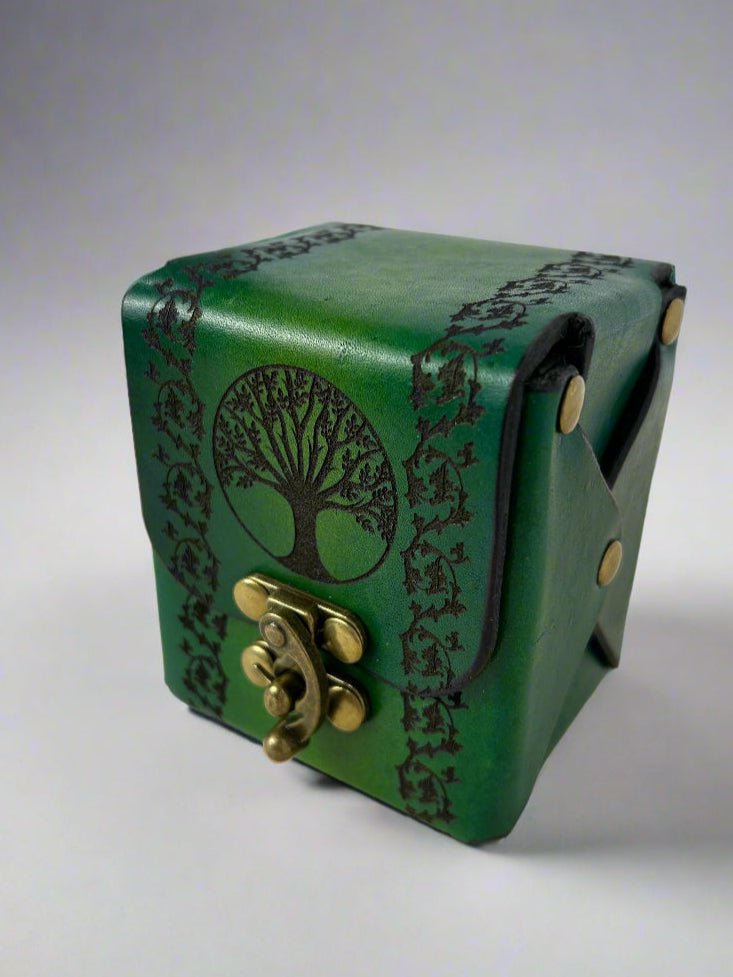 MTG Leather Deck Box - Tree of Life Design - Side View - The Wyverns Workshop