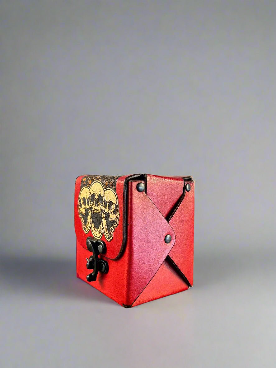 MTG Leather Deck Box - Red Skulls Design - Side View- The Wyverns Workshop