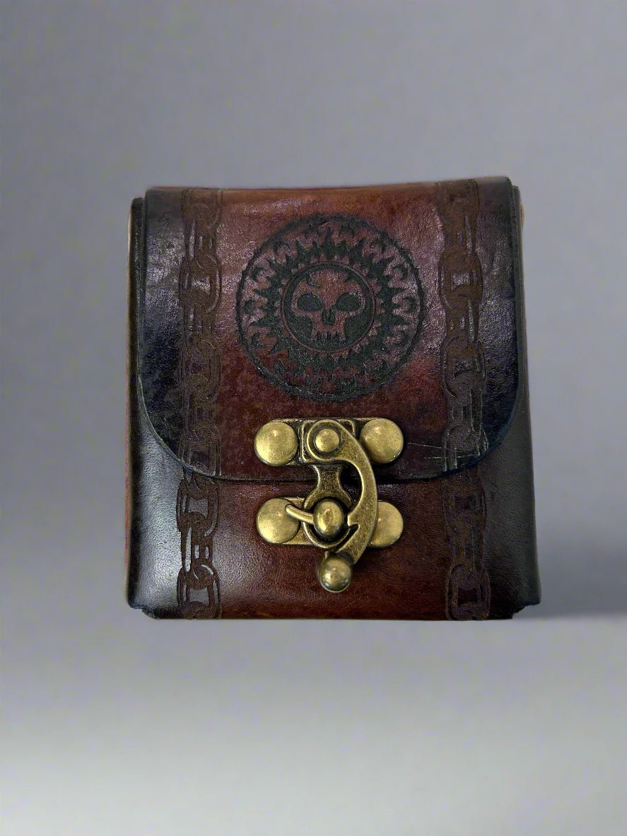 MTG Leather Deck Box - Skull & Chains Design -Front View- The Wyverns Workshop