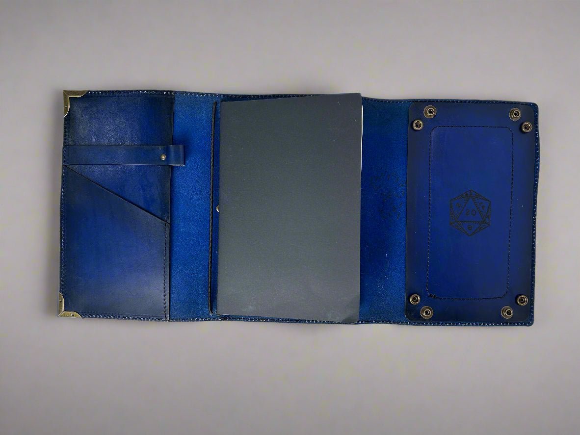 Leather RPG Journal - Blue - Open View - Built in Dice Tray - The Wyverns Workshop