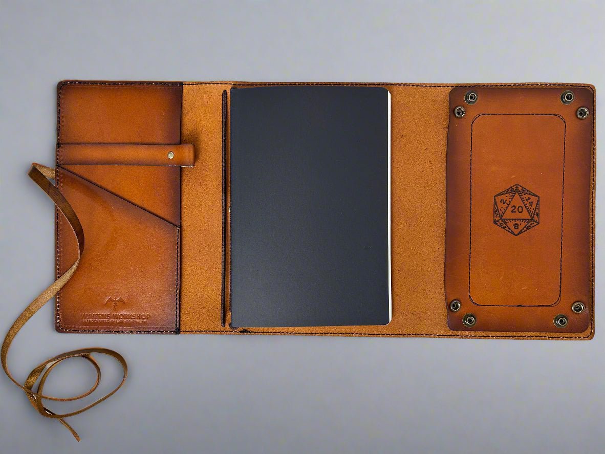 Leather RPG Journal - Brown - Open View - Built in Dice Tray - The Wyverns Workshop