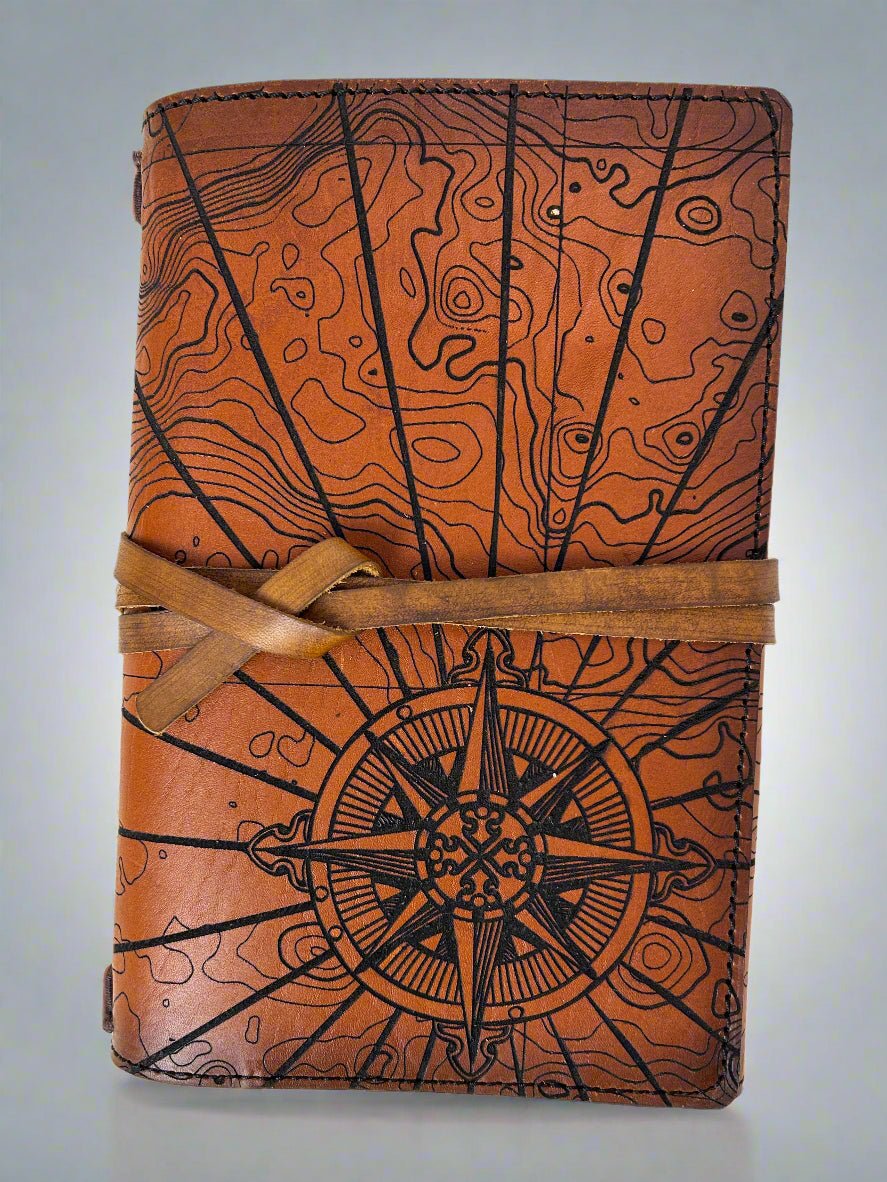 Leather RPG Journal - Brown Atlas Compass Design - Front View - The Wyverns Workshop