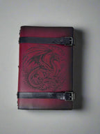 Leather RPG Journal - Burgundy Dragon Design - Front View - The Wyverns Workshop
