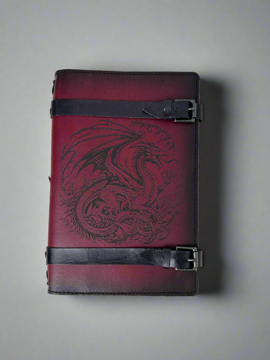 Leather RPG Journal - Burgundy Dragon Design - Front View - The Wyverns Workshop