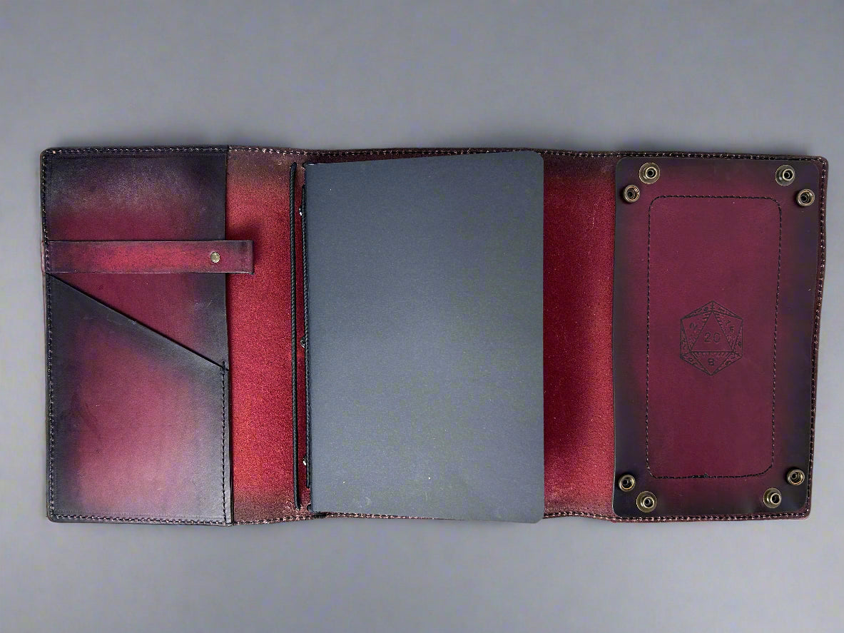 Leather RPG Journal - Burgundy- Open View - Built in Dice Tray - The Wyverns Workshop