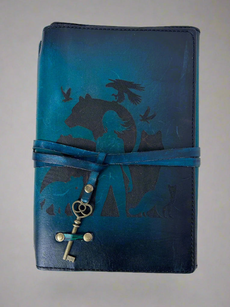 Leather RPG Journal - Green Druid Forest Animals Design - Front View - The Wyverns Workshop