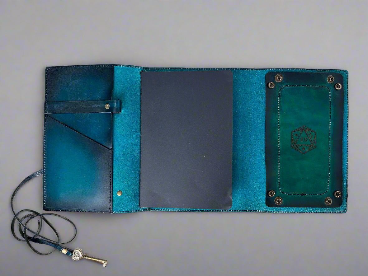 Leather RPG Journal - Green- Open View - Built in Dice Tray - The Wyverns Workshop