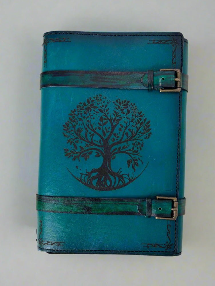 Leather RPG Journal - Green Tree of Life Design - Front View - The Wyverns Workshop