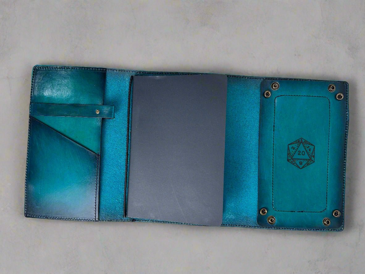 Leather RPG Journal - Green Tree of Life Design- Open View - Built in Dice Tray - The Wyverns Workshop