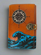 Leather RPG Journal - Ocean Compass Design - Lock Closure - Front View - The Wyverns Workshop
