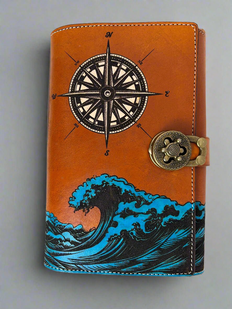 Leather RPG Journal - Ocean Compass Design - Lock Closure - Front View - The Wyverns Workshop
