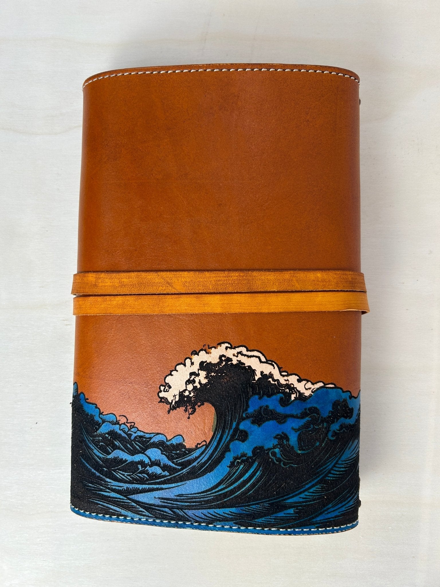Leather RPG Journal - Ocean Compass Design - Wrap Closure - Back View - The Wyverns Workshop