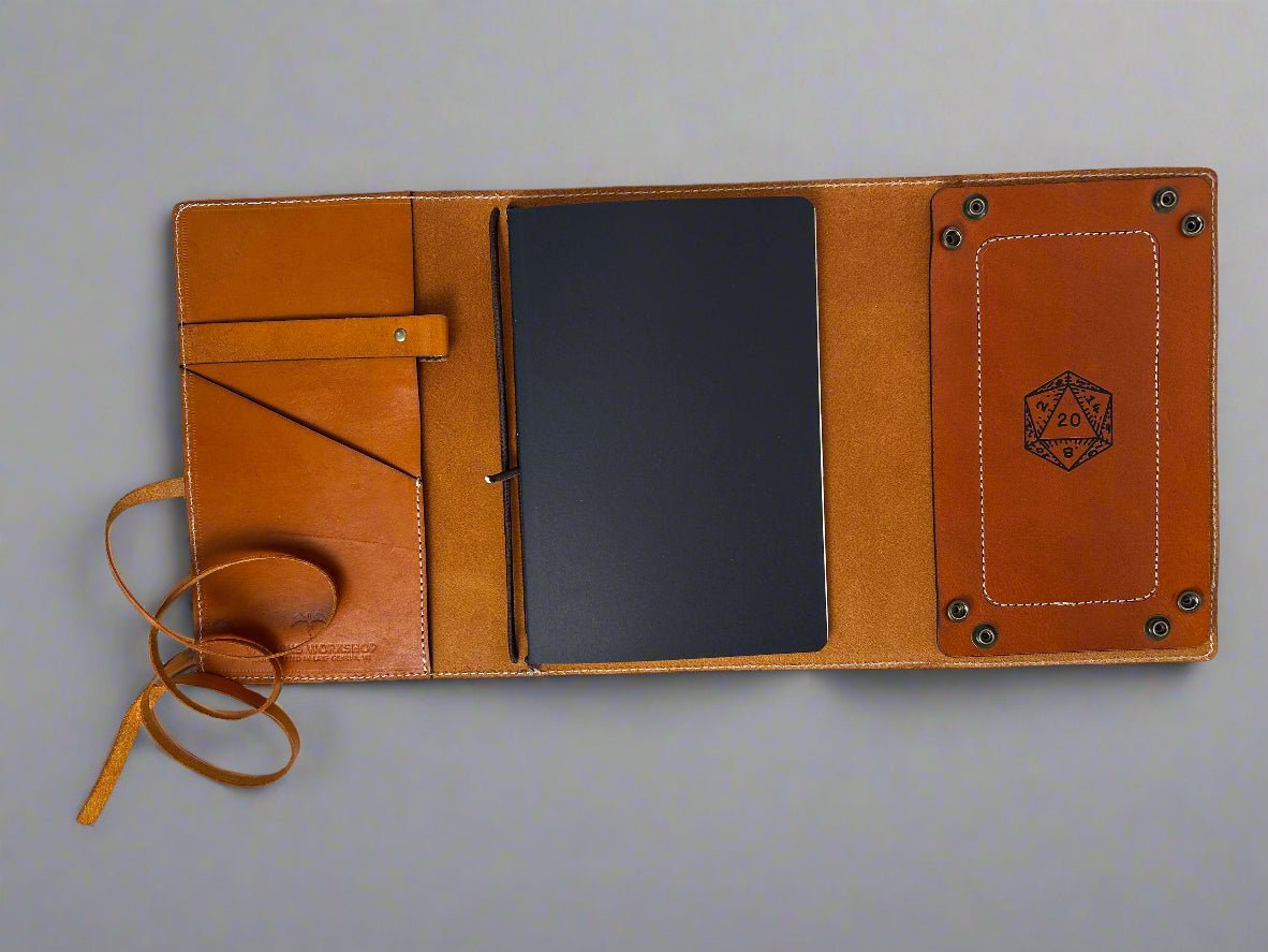 Leather RPG Journal - Ocean Compass Design - Wrap Closure - Built In Dice Tray - The Wyverns Workshop