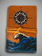 Leather RPG Journal - Ocean Compass Design - Wrap Closure - Front View - The Wyverns Workshop