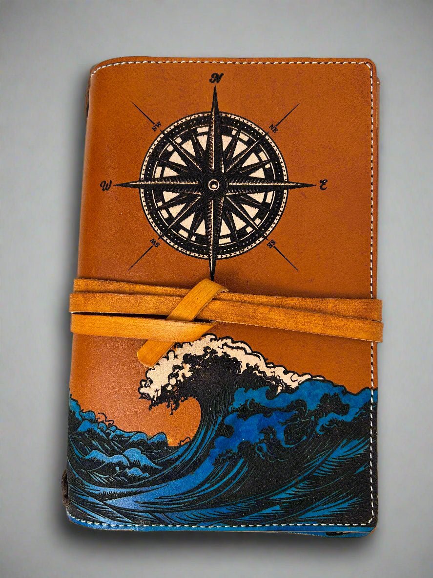 Leather RPG Journal - Ocean Compass Design - Wrap Closure - Front View - The Wyverns Workshop