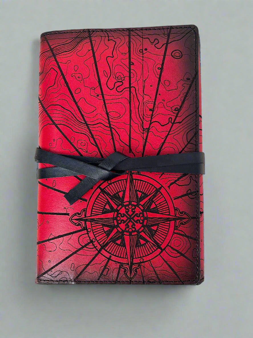 Leather RPG Journal - Red Atlas Compass Design - Front View - The Wyverns Workshop