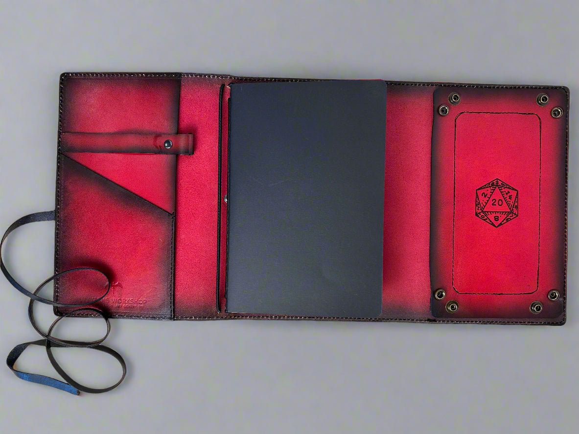 Leather RPG Journal - Red Atlas Compass Design - Open View - Built In Dice Tray - The Wyverns Workshop