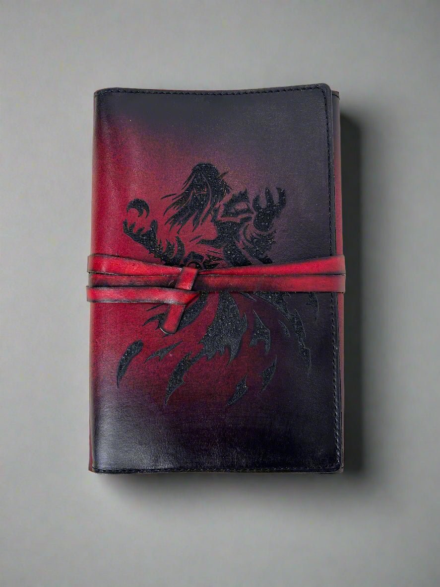 Leather RPG Journal - Red Black Mage Design - Front View - The Wyverns Workshop
