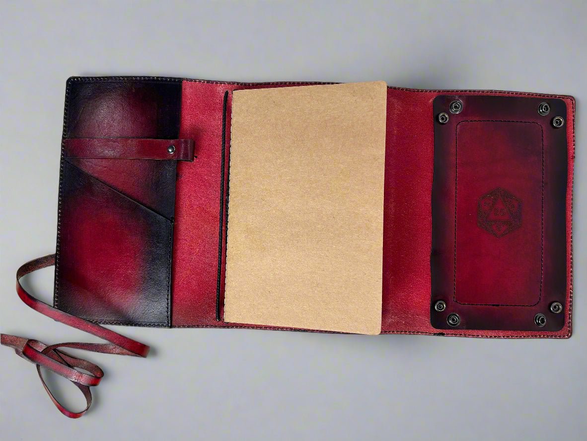 Leather RPG Journal - Red and Black- Open View - Built in Dice Tray - The Wyverns Workshop