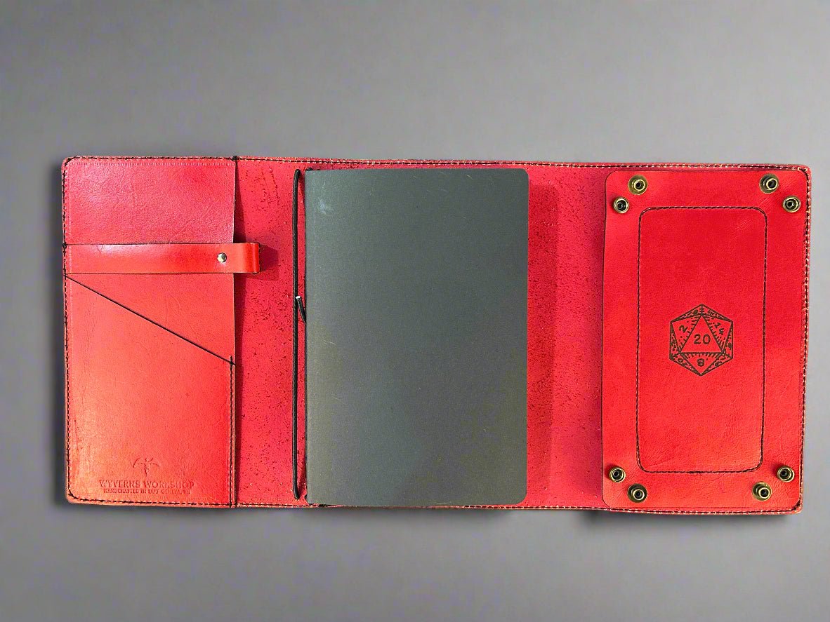 Leather RPG Journal - Red- Open View - Built in Dice Tray - The Wyverns Workshop