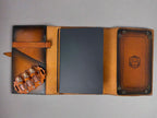 Leather RPG Journal - Tan and Black Potion Bottle Design - Open View - Built in Dice Tray - The Wyverns Workshop