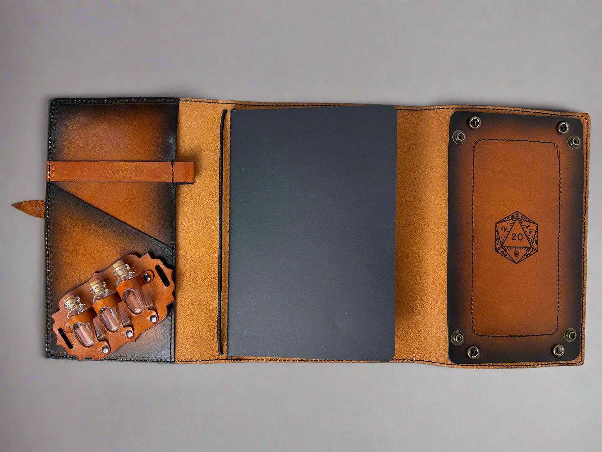 Leather RPG Journal - Tan and Black Potion Bottle Design - Open View - Built in Dice Tray - The Wyverns Workshop