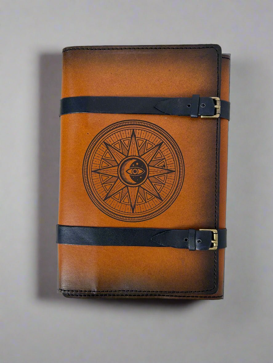 Leather RPG Journal - Tan Celestial Design - Front View - The Wyverns Workshop