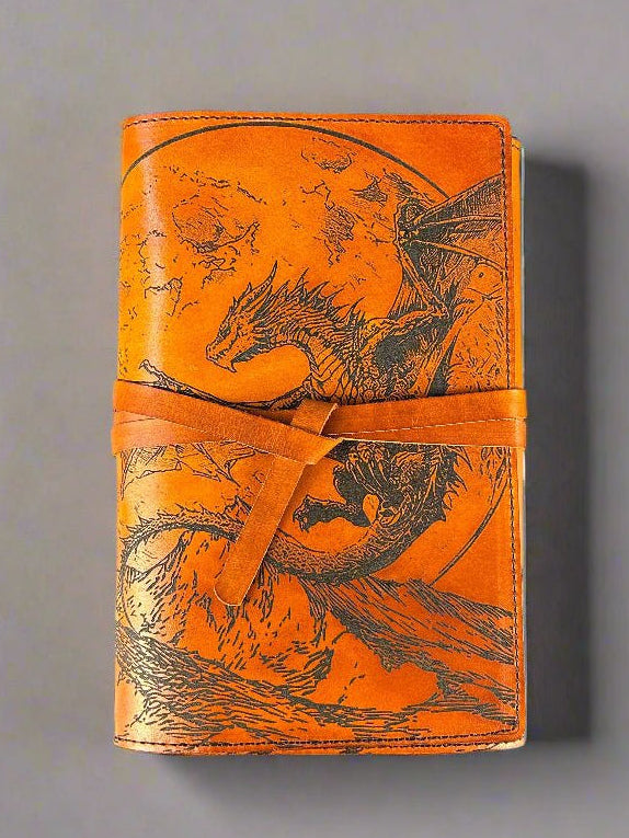 Leather RPG Journal - Tan Dragon Design - Front View - The Wyverns Workshop
