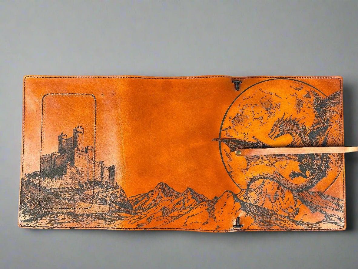 Leather RPG Journal - Tan Dragon Design - Full Spread View - The Wyverns Workshop