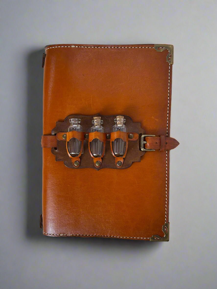 Leather RPG Journal - Tan Potion Bottle Design - Front View - The Wyverns Workshop