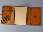 Leather RPG Journal - Tan Potion Bottle Design - Open View - Built in Dice Tray - The Wyverns Workshop