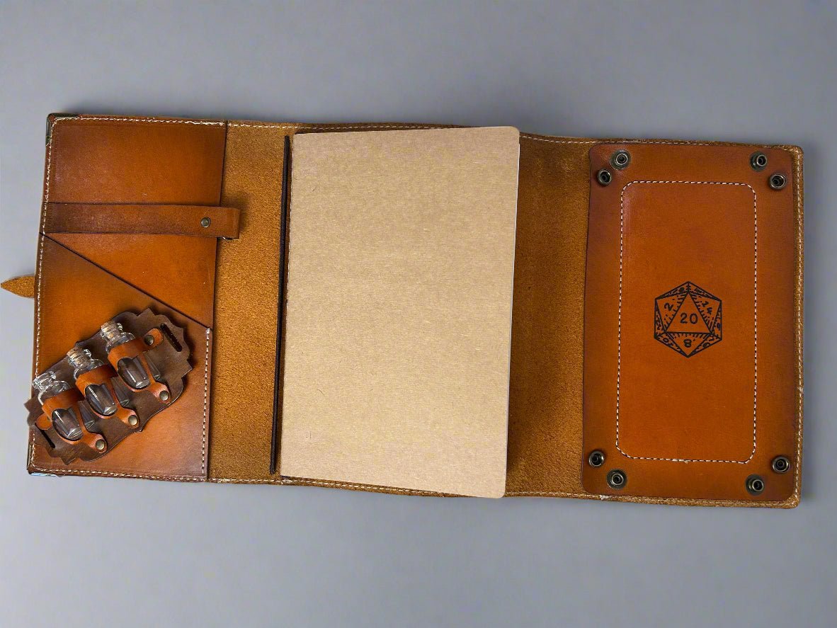 Leather RPG Journal - Tan Potion Bottle Design - Open View - Built in Dice Tray - The Wyverns Workshop