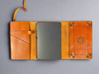 Leather RPG Journal - Tan Wrap Closure - Open View - Built in Dice Tray - The Wyverns Workshop