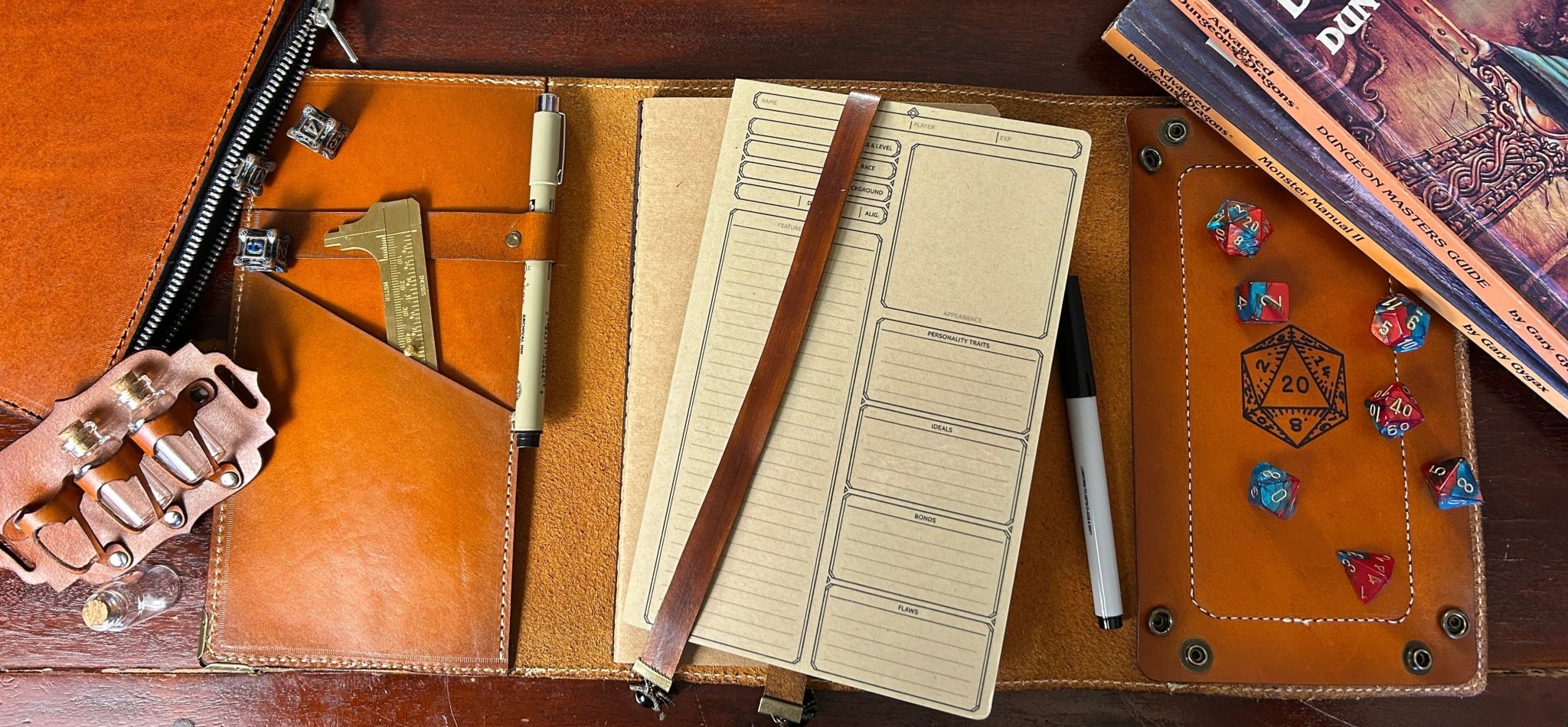 Leather RPG Journal - With Accessories - DND - Built in Dice Tray - The Wyverns Workshop