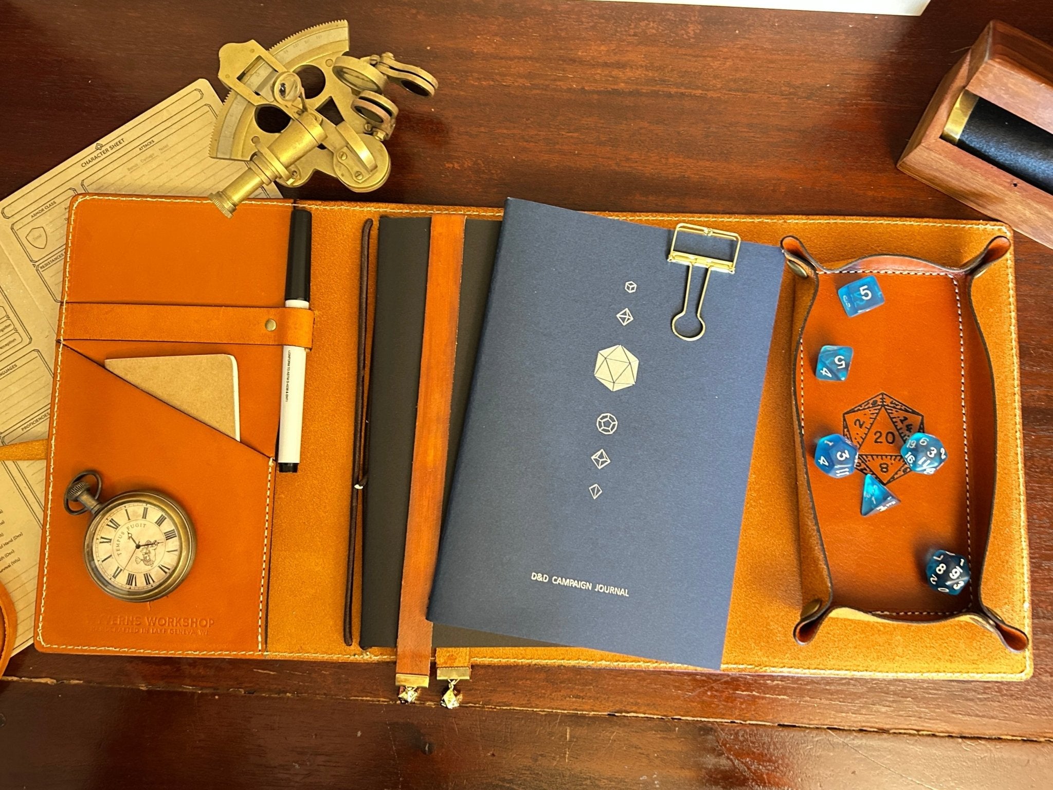 Leather RPG Journal - With Accessories - Built in Dice Tray - The Wyverns Workshop