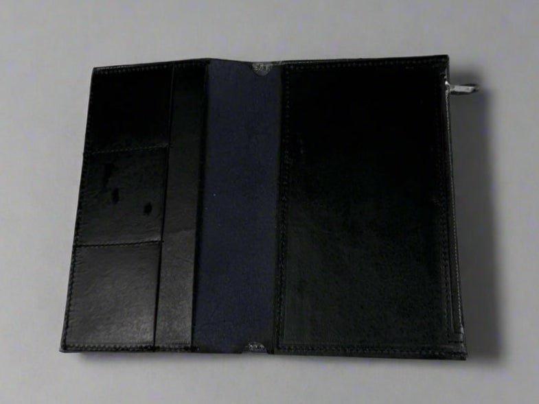 Leather RPG Travelers Journal Insert Accessory - Zipper Pouch - Card Holder, Pockets - Holds dice, pens, stickers, mementos - Black Open View - The Wyverns Workshop