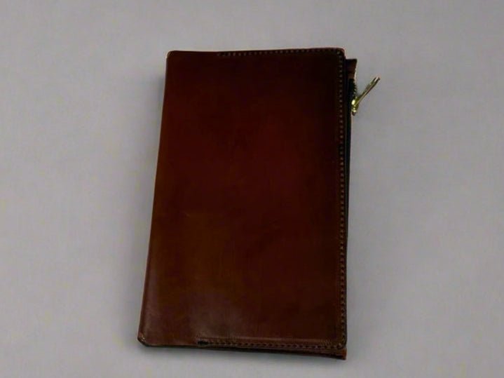 Leather RPG Travelers Journal Insert Accessory - Zipper Pouch - Card Holder, Pockets - Holds dice, pens, stickers, mementos - Brown Front View - The Wyverns Workshop