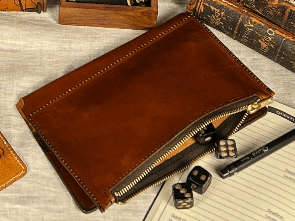 Leather RPG Travelers Journal Insert Accessory - Zipper Pouch - Card Holder, Pockets - Holds dice, pens, stickers, mementos - The Wyverns Workshop