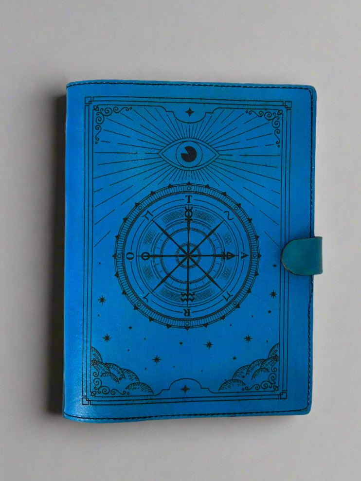 Leather TCG MTG Spell Card Binder - Blue Runes All Seeing Eye Design - Front View - The Wyverns Workshop