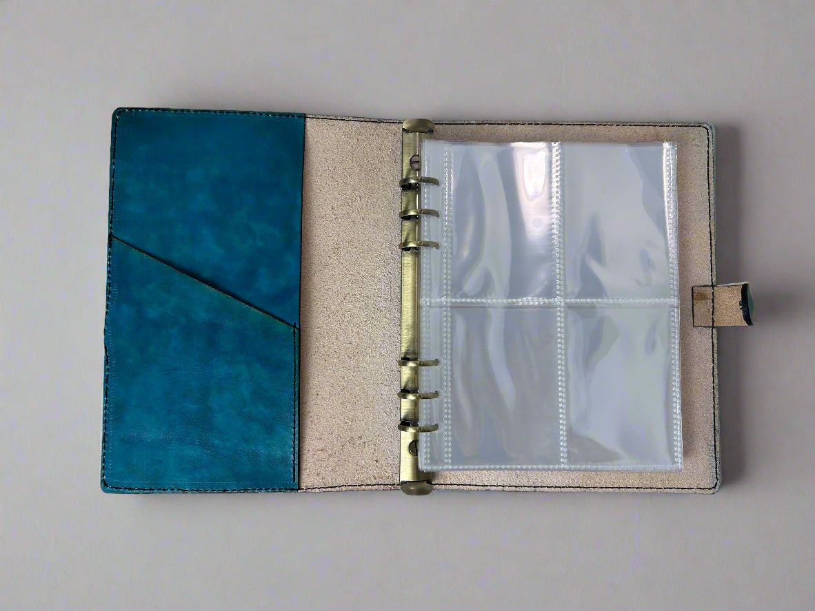 Leather TCG MTG Spell Card Binder - Blue Runes All Seeing Eye Design - Inside View - The Wyverns Workshop