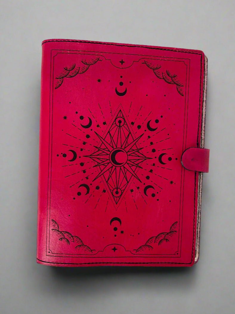 Leather TCG MTG Spell Card Binder - Pink Moons Celestial Design - Front View - The Wyverns Workshop