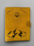 Leather TCG MTG Spell Card Binder - Yellow Sun and Mountains Design - Front View - The Wyverns Workshop