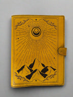 Leather TCG MTG Spell Card Binder - Yellow Sun and Mountains Design - Front View - The Wyverns Workshop