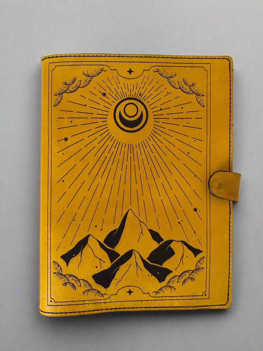 Leather TCG MTG Spell Card Binder - Yellow Sun and Mountains Design - Front View - The Wyverns Workshop