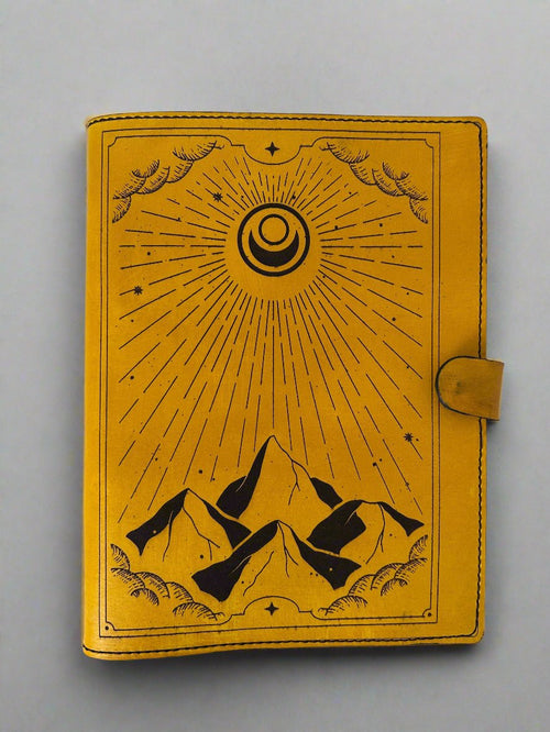 Leather TCG MTG Spell Card Binder - Yellow Sun and Mountains Design - Front View - The Wyverns Workshop