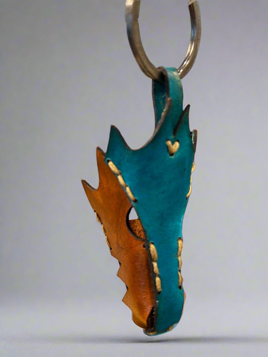 Leather Dragon Keychain - Turquoise and Tan - The Wyverns Workshop