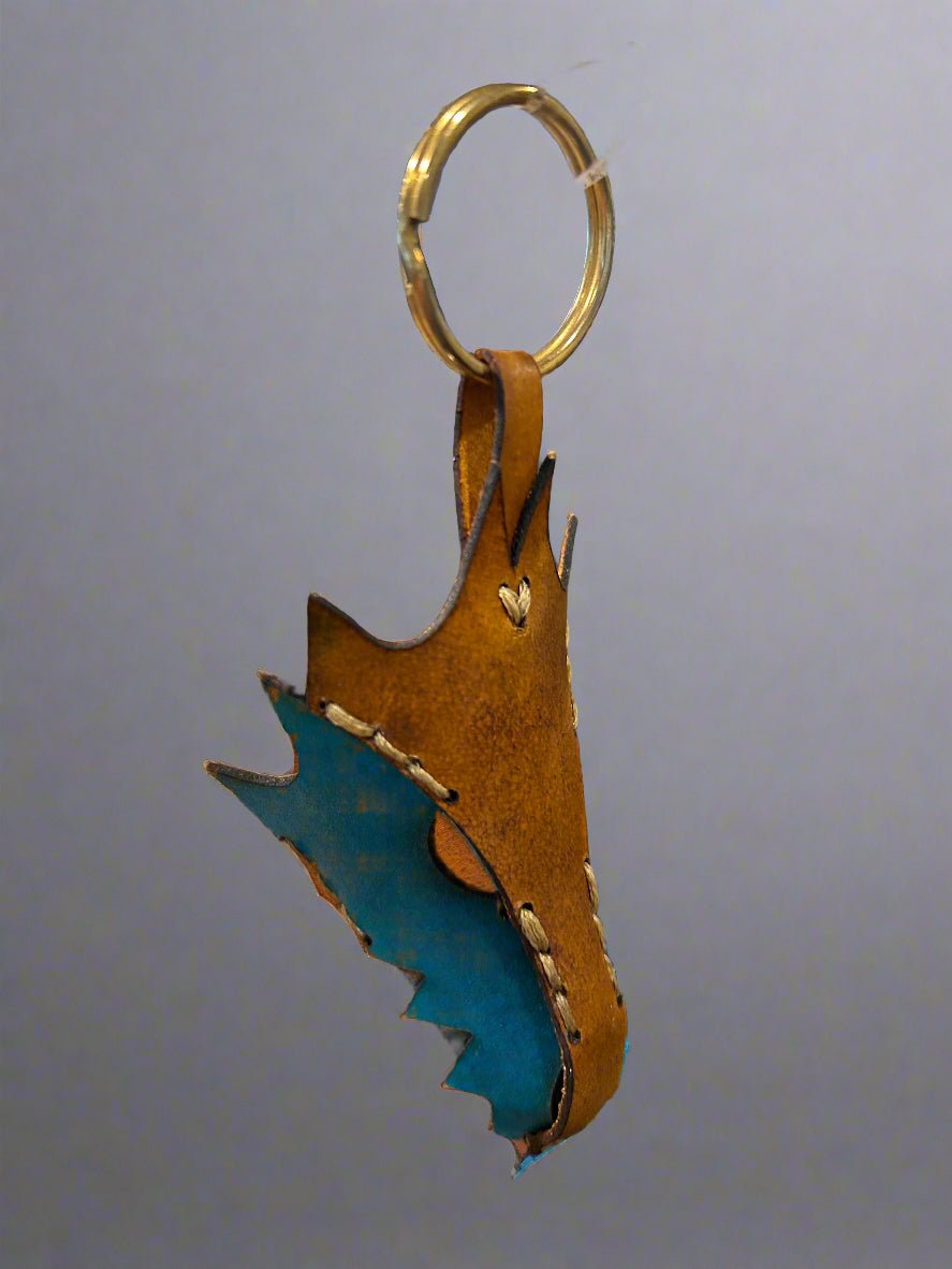 Leather Dragon Keychain - Turquoise and Tan - The Wyverns Workshop
